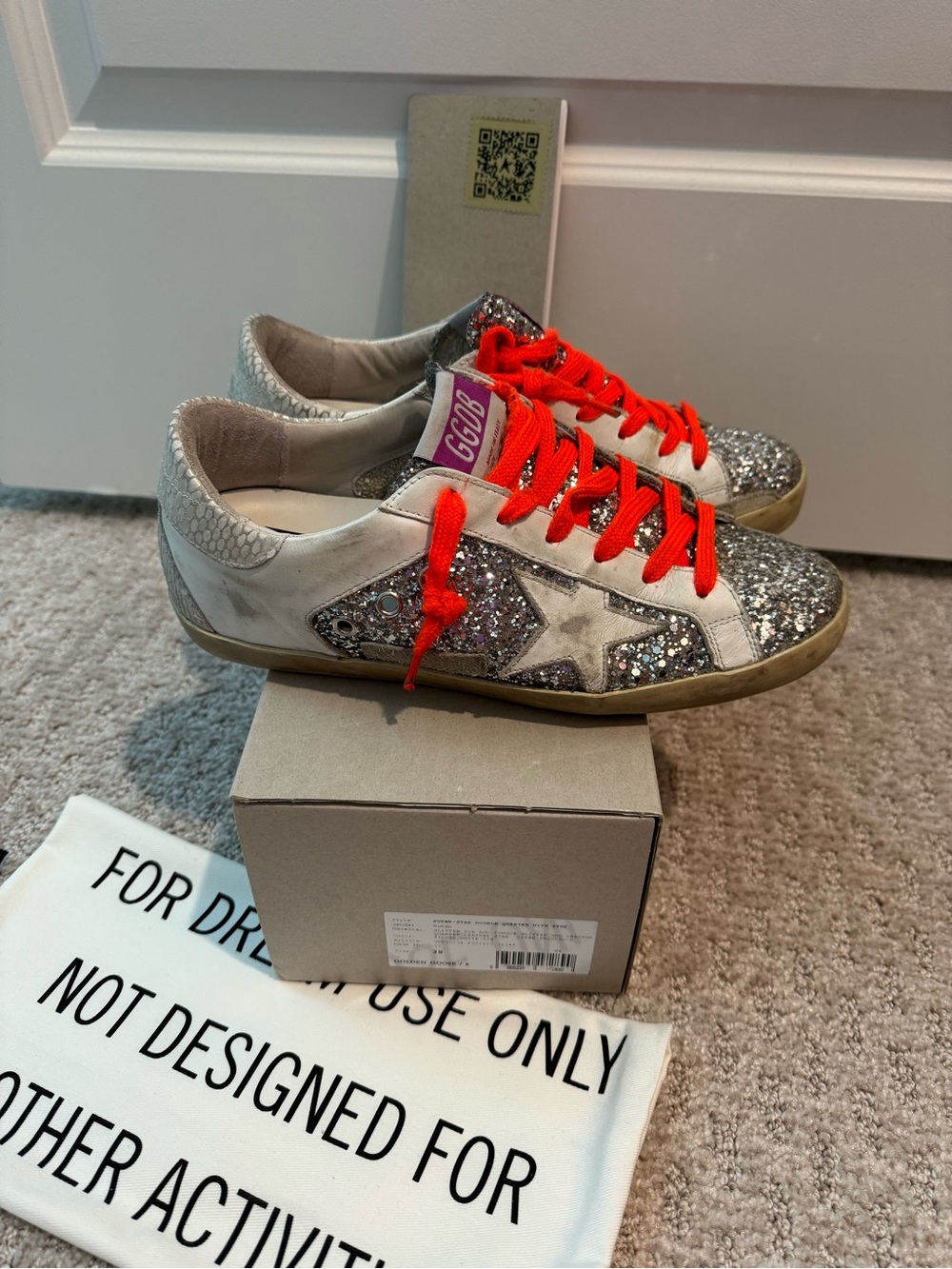 Golden Goose Silver Glitter Superstar Sneakers with Bright Orange Laces
